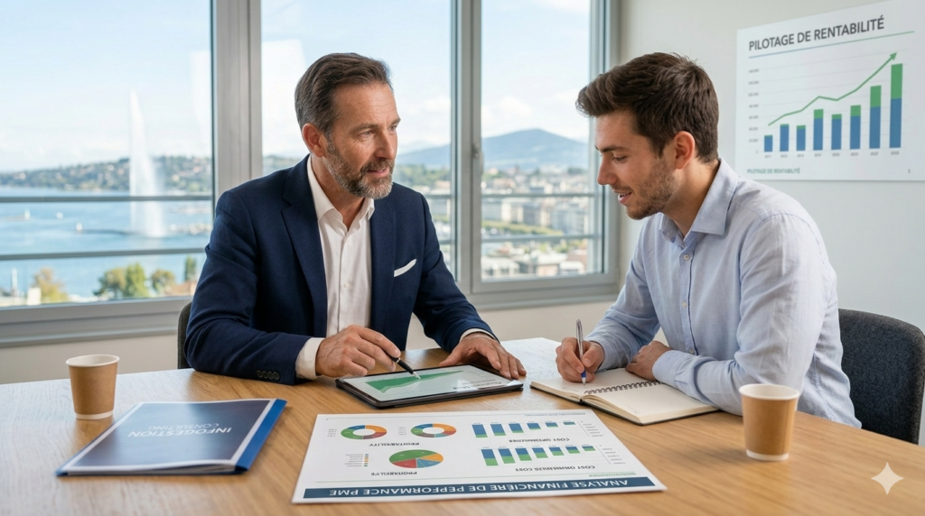 analyse-financiere-audit-performance-pme-suisse Expert financier réalisant un diagnostic de rentabilité et un audit de performance pour une PME en Suisse