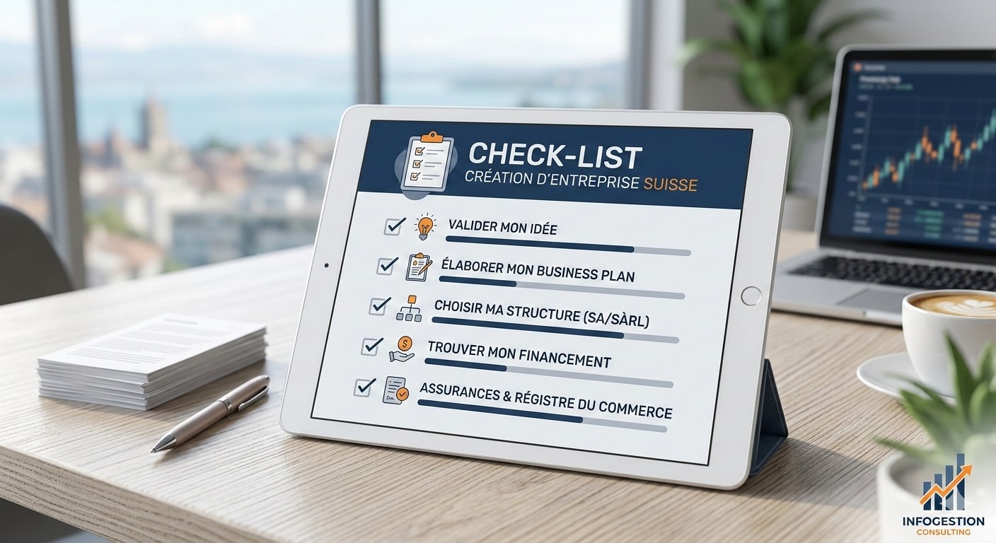check-list-creation-entreprise-suisse-infogestion Check-list de création d'entreprise en Suisse affichée sur une tablette, incluant les étapes du business plan, du financement et du registre du commerce pour les entrepreneurs à Lausanne-Genève