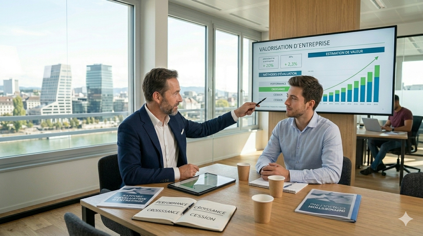 Expert financier d'Infogestion Consulting expliquant une évaluation et une valorisation d'entreprise précise pour une PME en Suisse