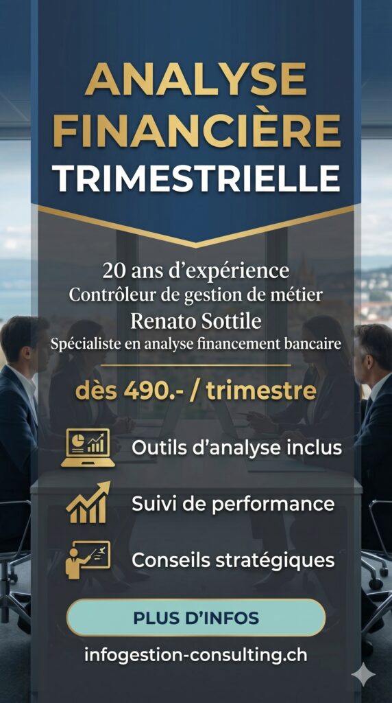 Analyse financière trimestrielle pour PME par Renato Sottile, expert en contrôle de gestion et financement bancaire à Lausanne. Forfait dès 490.- par trimestre incluant outils de reporting et conseils stratégiques.